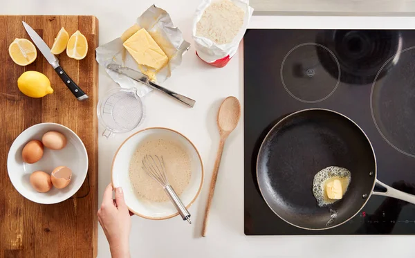 Overhead Shot Woman Kitchen Mixing Ingredients Pancakes Crepes Pancake Day — Φωτογραφία Αρχείου