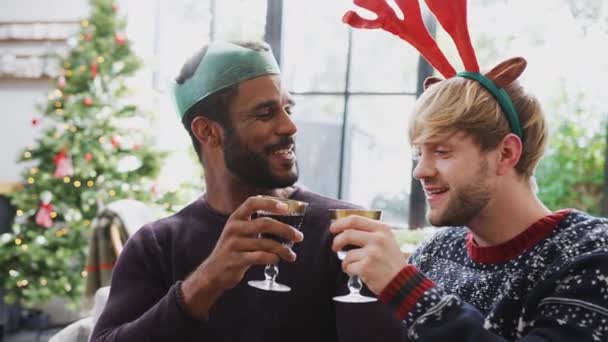 Pareja Gay Masculina Sentada Mesa Para Almuerzo Navidad Con Amigos — Vídeos de Stock