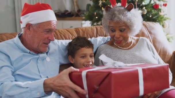 兴奋的孙子坐在沙发上 祖父母穿着华丽的连衣裙 头戴驯鹿鹿角 头戴圣诞礼帽 慢镜头拍摄 — 图库视频影像