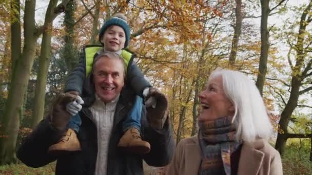 Smiling Grandfather Carrying Grandson Shoulders Walk Path Autumn Countryside Grandmother — Stock Video