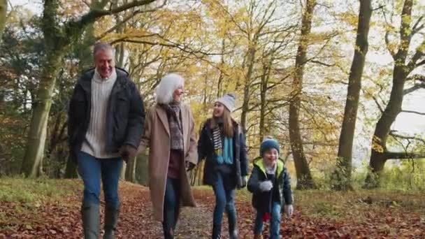 Multi Generation Family Walking Path Autumn Countryside Together Son Running — Stock Video