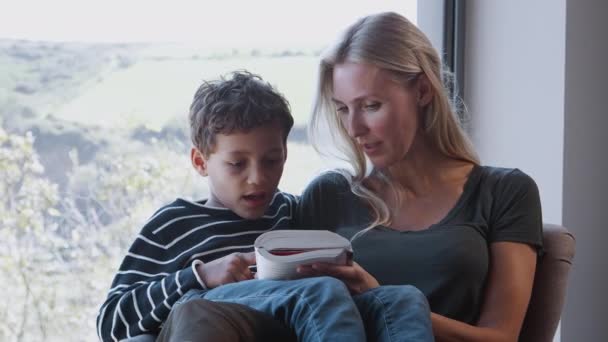 Мати Син Розслабляються Кріслі Біля Вікна Вдома Читають Книгу Разом — стокове відео
