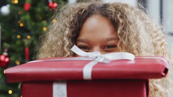 一个女人拿着一堆圣诞礼物站在一棵树旁的画像 动作缓慢 — 图库视频影像
