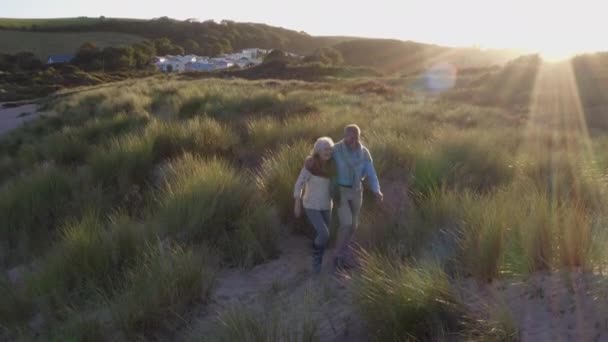 彼らは冬のビーチバケーションで砂丘を歩くとき 彼らは巨大な愛するシニアカップルのドローンショット — ストック動画