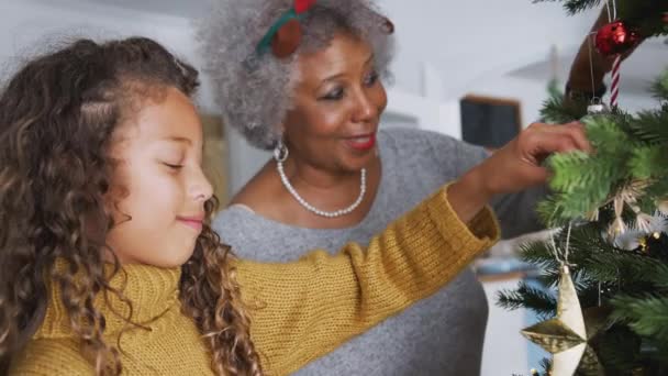 Kleindochter Met Oma Opknoping Decoraties Snoep Stok Kerstboom Samen Schot — Stockvideo