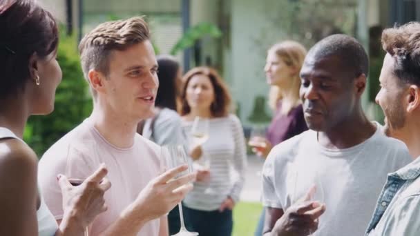 Grupo Amigos Multiculturais Que Relaxam Livre Jardim Bebendo Vinho Juntos — Vídeo de Stock