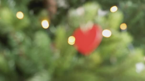 Pull Focus Shot Heart Shaped Decoration Hanging Branch Christmas Tree — Stock Video