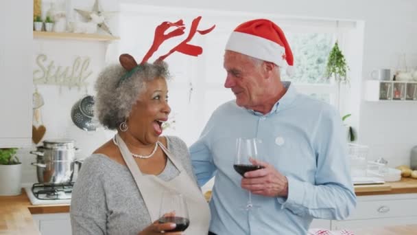 一对年长的夫妇 身穿华丽的连衣裙 头戴驯鹿鹿角 一边喝酒 一边对着厨房里的摄像机微笑 一边准备圣诞大餐 动作缓慢 — 图库视频影像