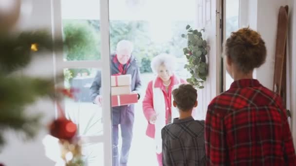 Focus Tira Primo Piano Sfondo Come Bambini Entusiasti Salutano Nonni — Video Stock