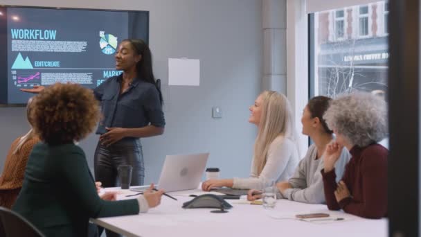 Modern Ofiste Çeşitli Kadınlarının Yavaş Çekimde Yaratıcı Toplantılar Yaptığı Masa — Stok video