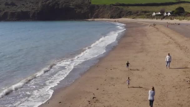 波を砕いて海岸線を走る家族のドローンショット — ストック動画