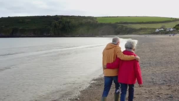 Drone Shot Loving Senior Couple Holding Hands Walking Shore Winter — Video