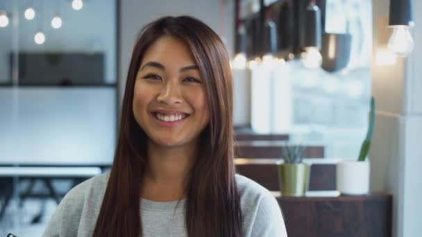 Portrait Smiling Asian Businesswoman Holding Digital Tablet Modern Office Shot — Stock Video