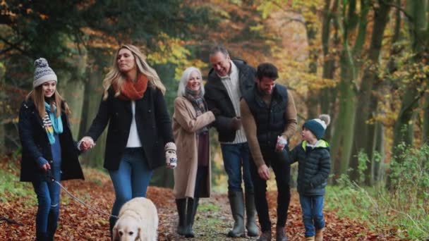 Multi Generatie Familie Wandelende Hond Langs Pad Door Herfst Platteland — Stockvideo