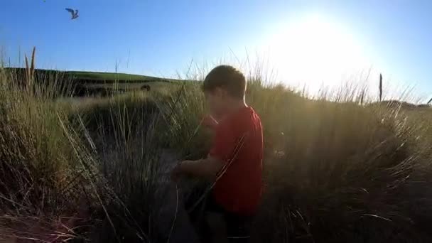 Fotoaparát Sledující Zezadu Jako Malý Chlapec Baví Běh Písečných Dunách — Stock video