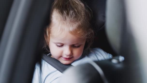 Young Girl Watching Digital Tablet Back Seat Car Journey Shot — Stock Video