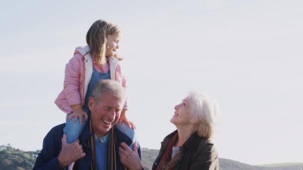 Großvater Trägt Enkelin Auf Schultern Während Sie Mit Großmutter Durch — Stockvideo