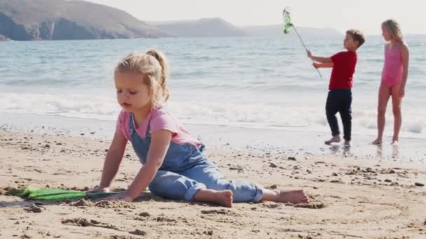 Děti Baví Dovolené Pláži Kopání Písku Objevování Pobřeží Rybářskými Sítěmi — Stock video