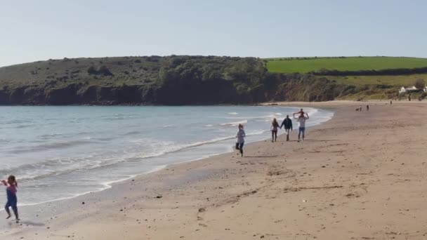 波を砕いて海岸線を歩く多世代家族のドローン撮影 — ストック動画