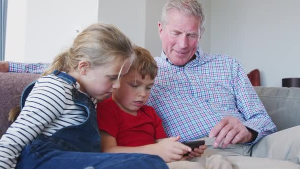祖父と自宅で孫が携帯電話でビデオゲームを楽しんでいます スローモーションで撮影 — ストック動画