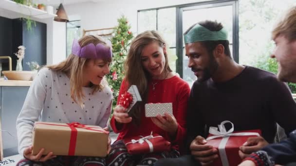 ゲイ男性と女性のカップルに家でギフトを交換クリスマスの日に 遅い動きで撮影 — ストック動画