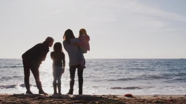 老奶奶与母亲和女儿站在一起凝视着大海的后视镜映衬着慢镜头拍摄的阳光 — 图库视频影像