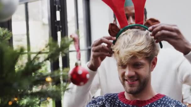 男人们在家中装饰圣诞树时 把漂亮的驯鹿鹿角套在他们的男伴身上 动作缓慢 — 图库视频影像