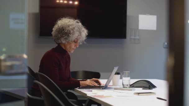 Mature Businesswoman Working Late Office Meeting Room Using Laptop Shot — Stock Video