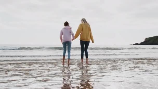 Vue Arrière Mère Fille Sautant Par Dessus Les Vagues Pendant — Video