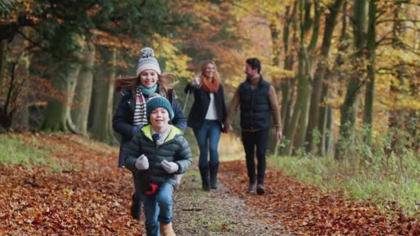 Lächelnde Familie Mit Hund Läuft Auf Pfad Durch Herbstliche Landschaft — Stockvideo