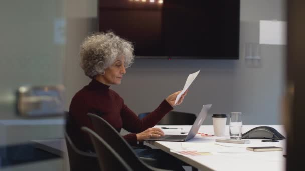 Yetişkin Bir Kadını Ofis Toplantı Odasında Ağır Çekimde Çekilen Dizüstü — Stok video