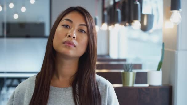 Portrait Smiling Asian Businesswoman Holding Digital Tablet Modern Office Shot — Stock Video
