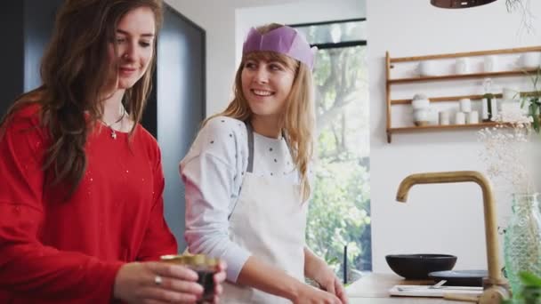 Ženy Přinášející Gay Partnerovi Sklenku Vína Zatímco Ona Umývá Kuchyni — Stock video