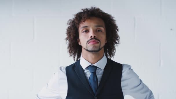 Portrait Confident Young Businessman Wearing Suit Standing White Studio Wall — Stock Video