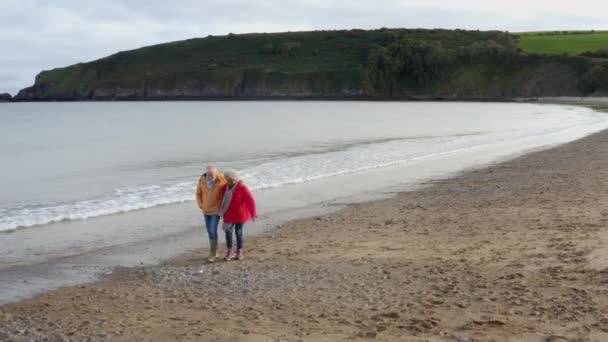 Drone Shot Loving Senior Couple Holding Hands Walking Shore Winter — Video