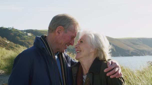 Romantisches Seniorenpaar Berührt Beim Gemeinsamen Spaziergang Auf Küstenpfad Die Köpfe — Stockvideo