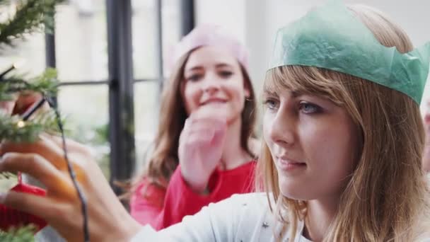 Gay Vrouw Paar Thuis Opknoping Kerst Decoraties Boom Samen Als — Stockvideo