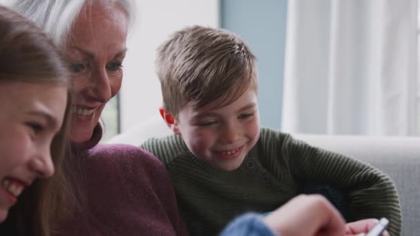 Mormor Hemma Med Barnbarn Som Har Roligt Att Spela Spel — Stockvideo