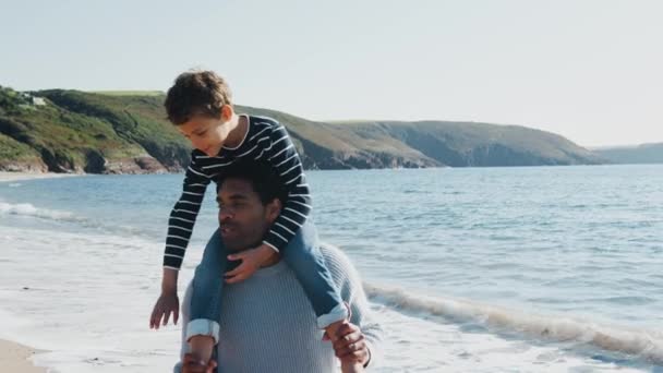 Sevgi Dolu Baba Oğullarına Kumsalda Yürürken Ağır Çekimde Dalgaları Kırarak — Stok video