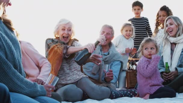 Familia Multigeneracional Sentada Playa Invierno Abriendo Una Botella Champán Atardecer — Vídeo de stock