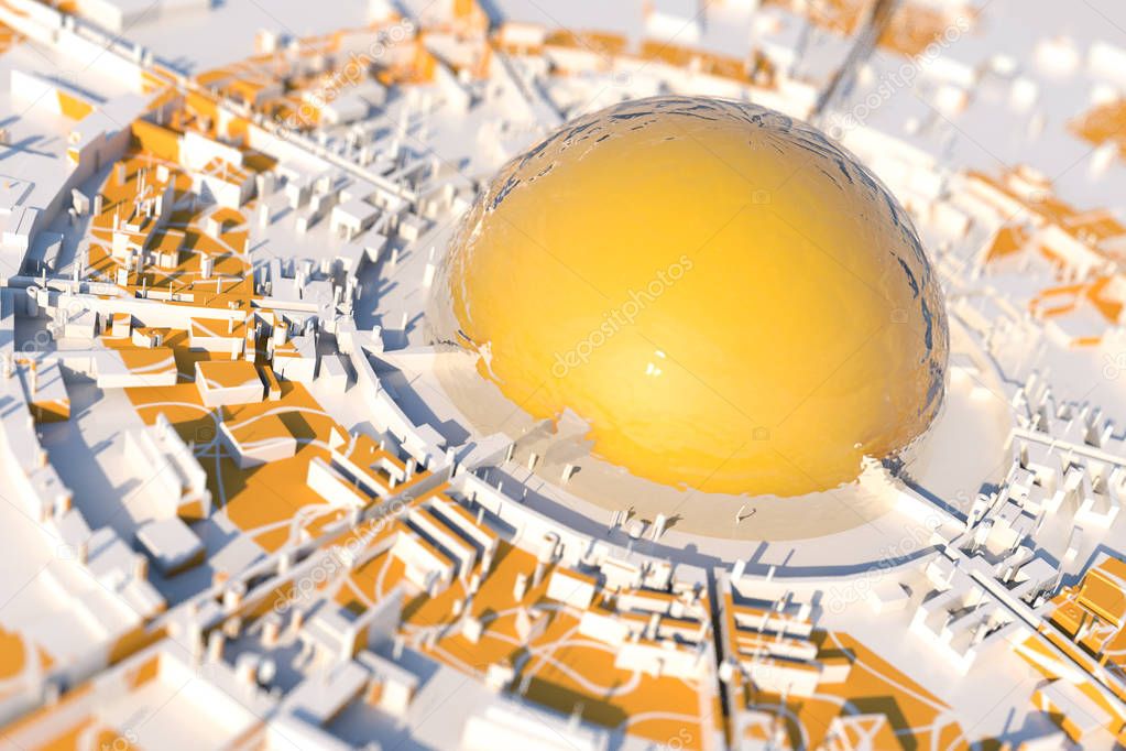 Futuristic city with large orange dome at center