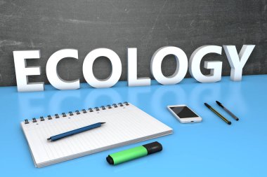 Ekoloji - karatahta, defter, kalem ve cep telefonlu metin kavramı. 3d resimleme.