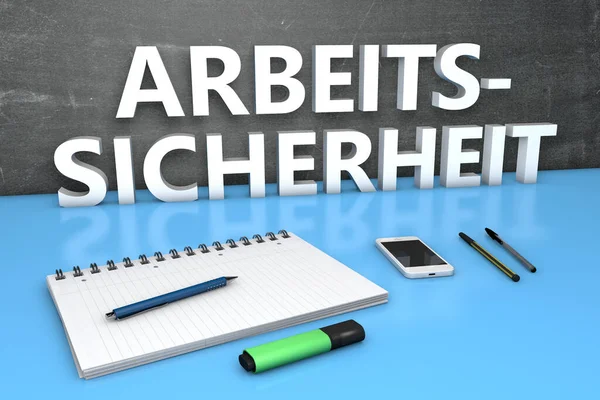 仕事の安全のためのドイツ語の単語Arbeitsicherheit ノートブック 携帯電話とテキストコンセプト 3Dレンダリング図 — ストック写真