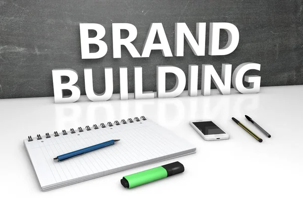 Brand Building Text Concept Chalkboard Notebook Pens Mobile Phone Render — Stock Photo, Image