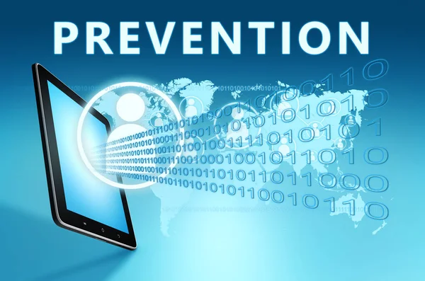 Prevention Text Social Icons Tablet Computer Blue Digital World Map — Stock Photo, Image