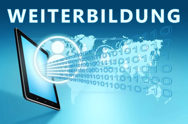 Weiterbildung German词意为继续教育 在蓝色世界地图背景上带有社会图标和平板电脑的文字 3D渲染说明 — 图库照片