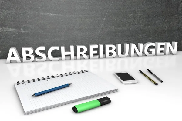 Abschreibungen 減価償却または償却のためのドイツ語の単語 ノートブック ペンと携帯電話とテキストの概念 3Dレンダリング図 — ストック写真