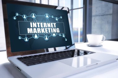 Ofis ortamında modern dizüstü bilgisayarda internet pazarlama metni. 3B görüntüleme iş metni kavramı.
