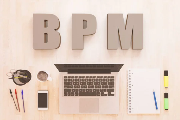 Bpm Business Process Management Έννοια Κειμένου Φορητό Υπολογιστή Smartphone Σημειωματάριο — Φωτογραφία Αρχείου