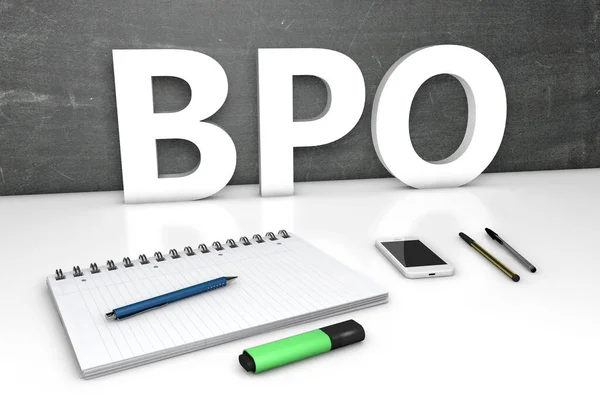 Bpo Business Process Outsourcing Text Concept Chalkboard Notebook Pens Mobile — Stock Photo, Image
